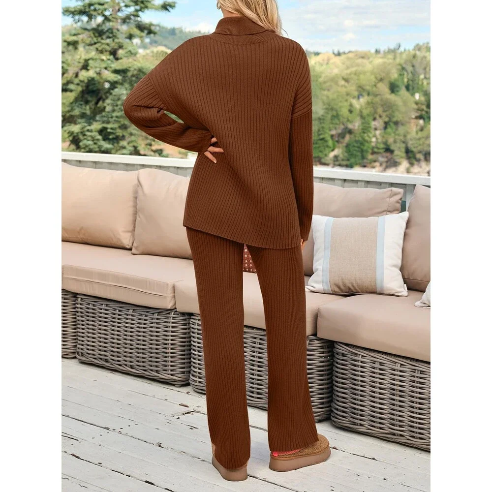 LILLUSORY Women's Brown 2 Two Piece Outfits Winter Clothes Turleneck Sweater S